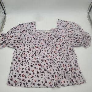 Melloday Womens Peasant Blouse White Purple Knit Short Sleeve Shirred Bodice L